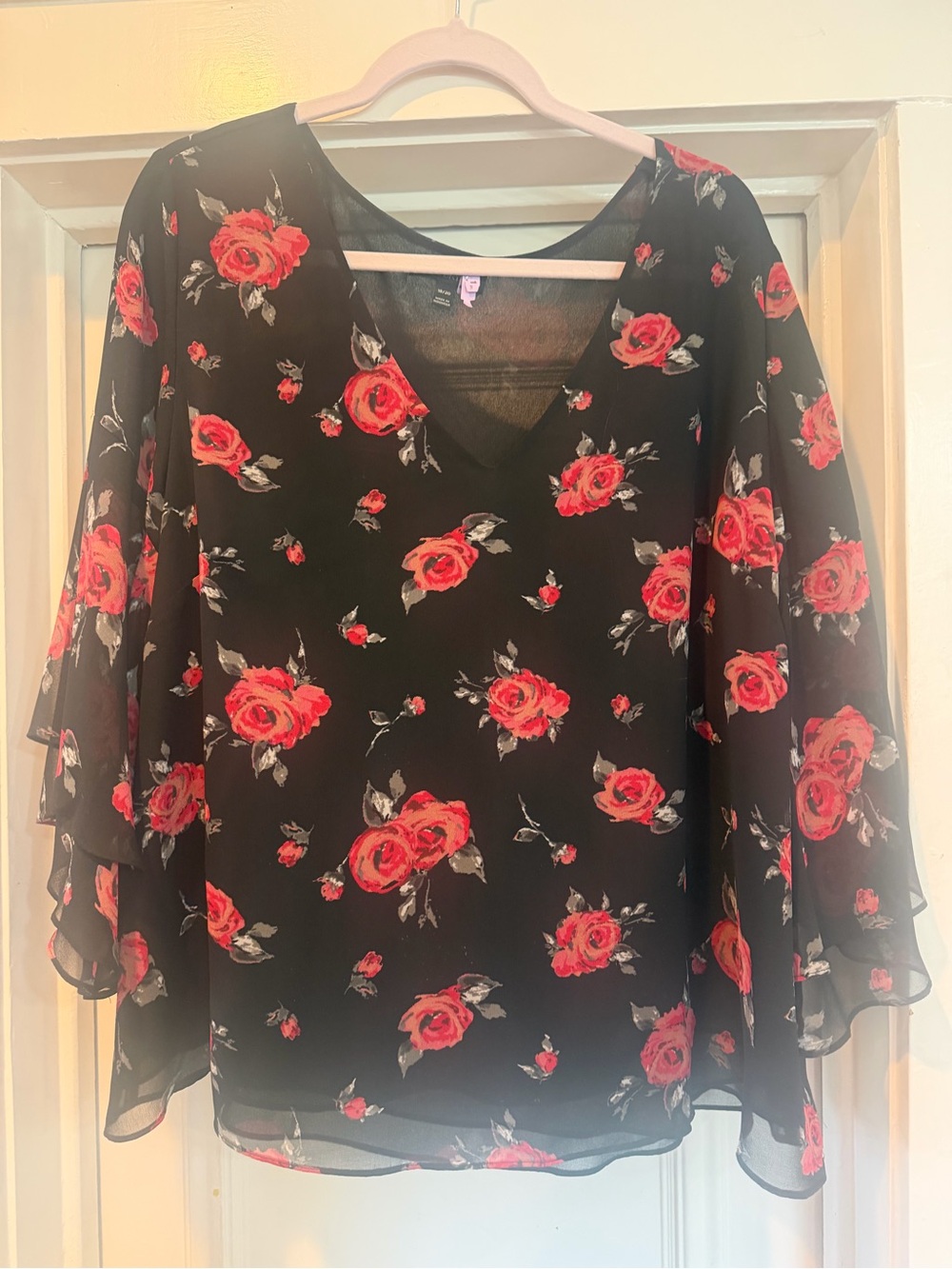 Lane Bryant Black Sheer V-Neck Blouse with Red Rose Print 18/20